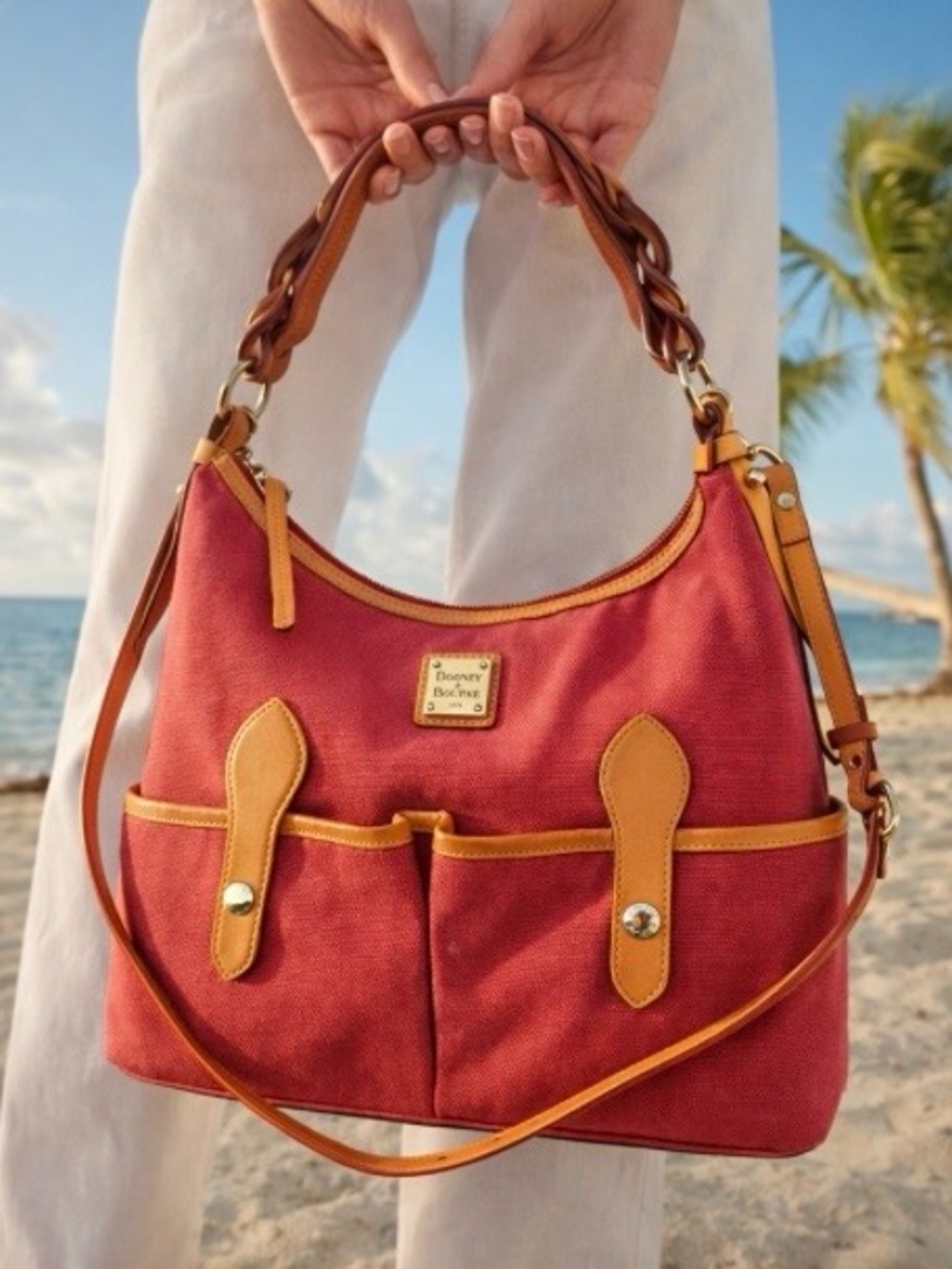 Dooney & Bourke Florentine Vacchetta 2-Pocket Red Raspberry Canvas Bag